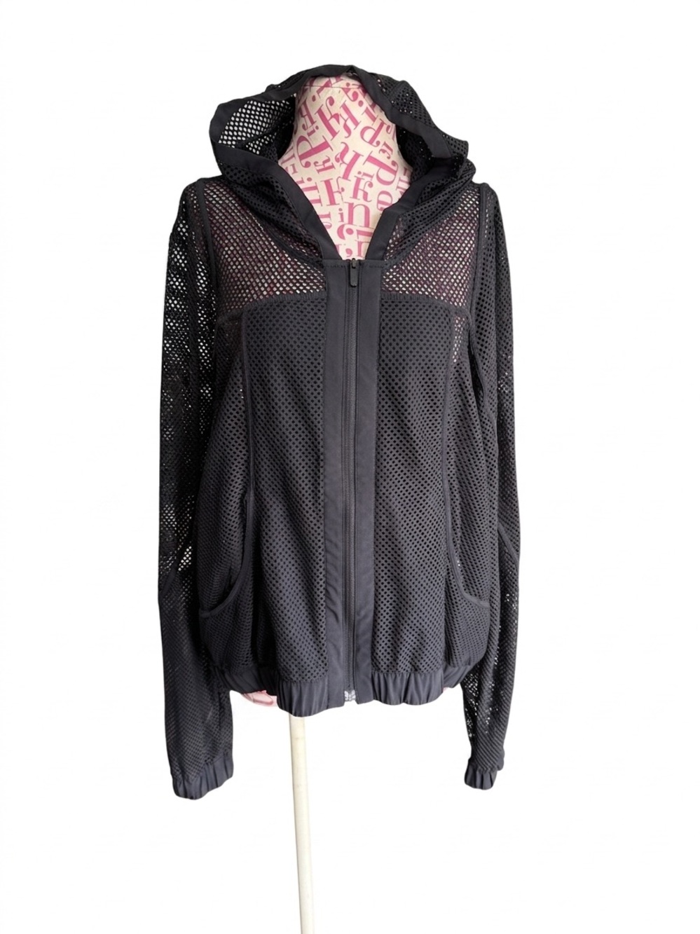 Lululemon Relaxed Fit Black Mesh Full Zip Breathable Hooded Jacket 10 W3EZOS